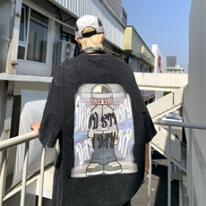 XZ213-T116-P45控58港风大码水洗做旧高街印花圆领短袖T恤五分袖，男装T恤，星座213