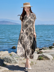 年轻妈妈夏装连衣裙2025新款中老年女装贵夫人夏季印花收腰裙子，女装连衣裙，简古