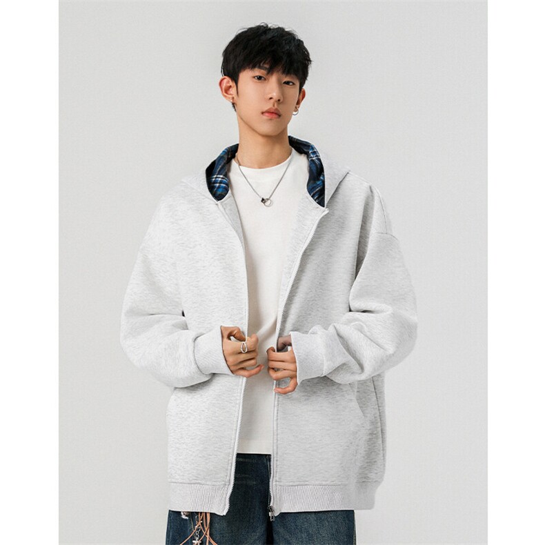 特批P40无差价春季格子拼接连帽开衫卫衣男宽松百搭打底上衣W5006，男装卫衣，电商A001