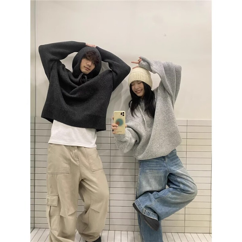 高级灰连帽针织毛衣衫男女2026春季古着复古宽松外套V17-P55网图图片