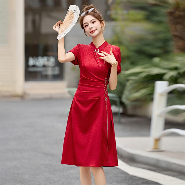 新中式国风连衣裙女2025夏季新款小个子修身显瘦改良红色旗袍裙子,女装连衣裙,依如秀(原杭风阁)