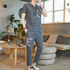 2021新款夏季风男装棉麻亚麻唐装短袖长裤套装大码T755-P55，男装套装，星座1206（原A206）