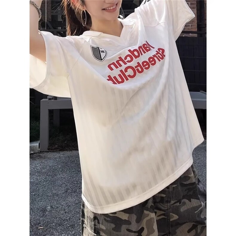 男道美式复古条纹字母印花冰感短袖速干T恤男女春秋百搭休闲上衣图片