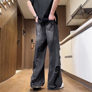 美式高街潮流男女同款破洞乞丐牛仔长裤百搭嘻哈小众设计感裤子潮图片