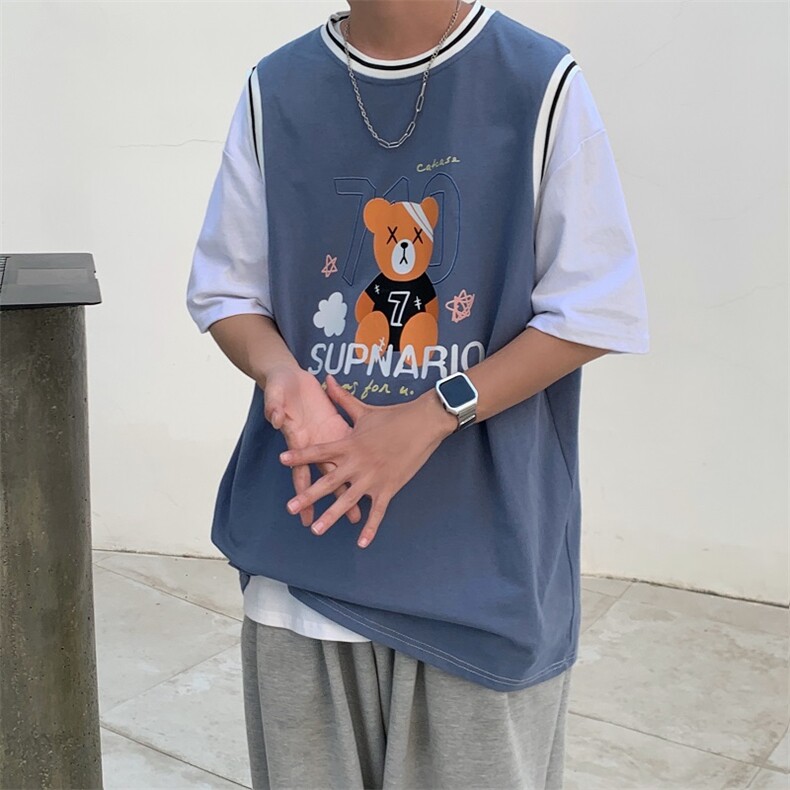 ins假两件拼接卡通印花短袖t恤男韩版夏季帅气体桖上衣
T324-P25图片