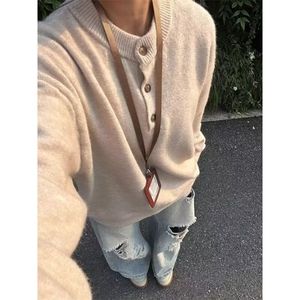 覆古纯色亨利领毛衣女男秋冬慵懒风套头针织衫重磅高级感内搭线衣图片