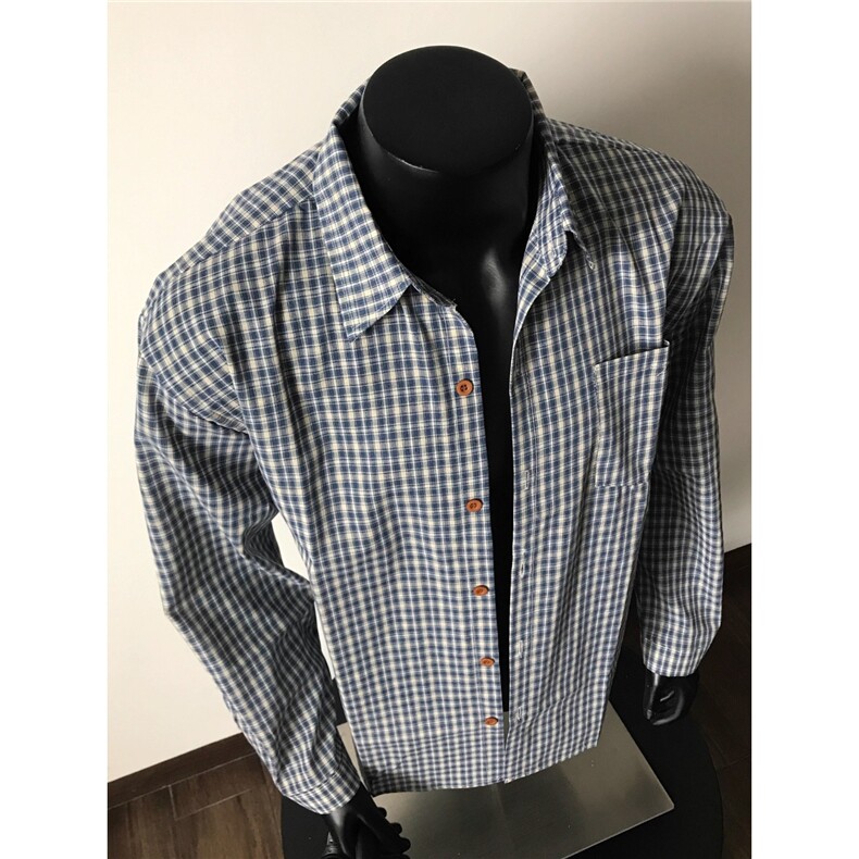 慵懒高级感蓝色格子长袖衬衫男早春外搭拼色纽扣衬衣薄款情侣休闲，男装衬衫，星座506A