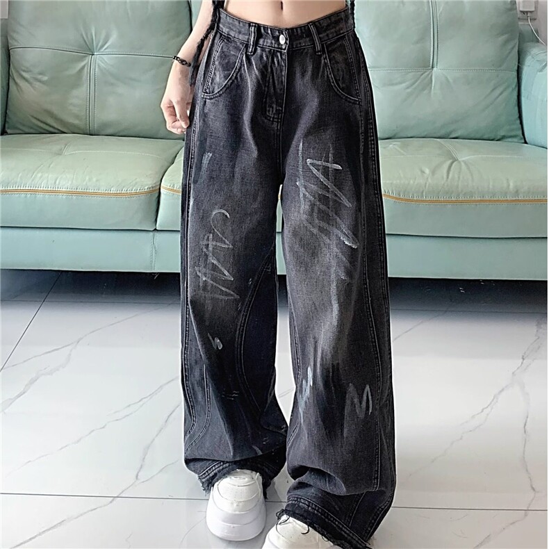 D9029-P58美式高街重工男女涂鸦牛仔裤秋季宽松阔腿裤-网图现货图片