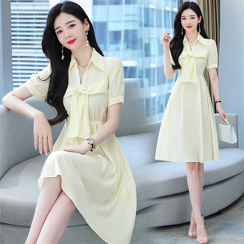 2023年夏季韩版通勤翻领蝴蝶结装饰修身连衣裙，女装连衣裙，卡杰菲