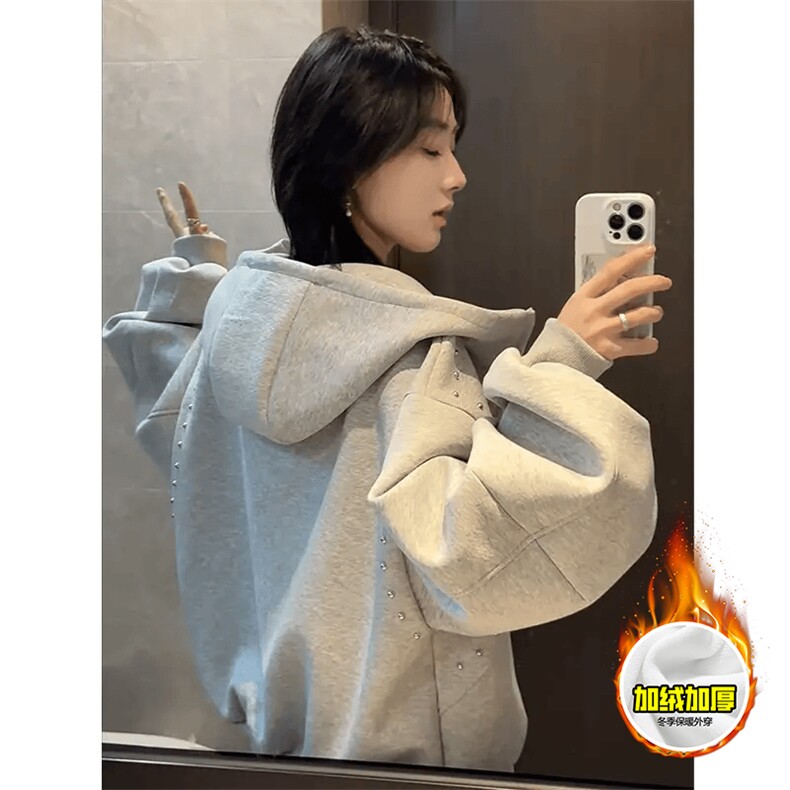 480G重磅加绒硬挺boxy男女秋冬美式高街卫衣铆钉拼接开衫厚外套,女装短外套,电商A486