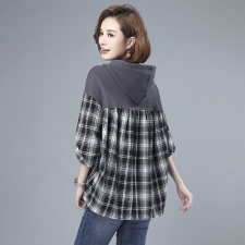 胖MM300斤连帽大码卫衣女春秋2025新款韩版宽松拼接格子上衣外套，女装卫衣/绒衫，伊满意