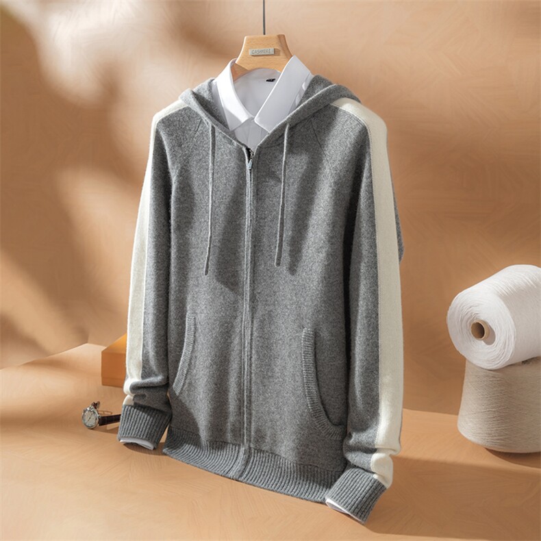 2025年秋季新款百搭男士9针加密撞色帽衫开衫，男装羊绒套衫，九爵羊绒