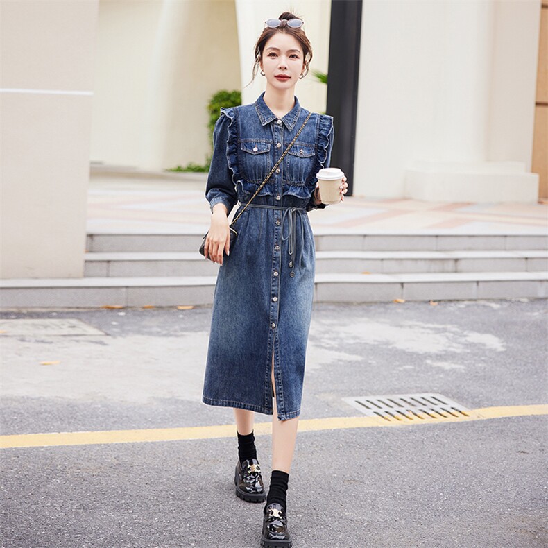 时尚显瘦牛仔连衣裙女长袖修身气质百搭裙子,女装连衣裙,秋水欣儿