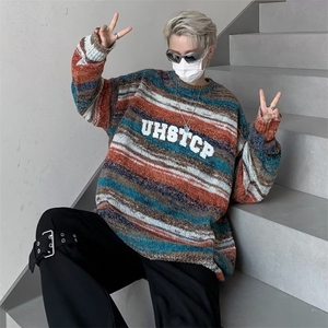 美式渐变纱刺绣字母条纹毛衣男宽松慵懒风秋冬针织衫男MZ114-P60图片