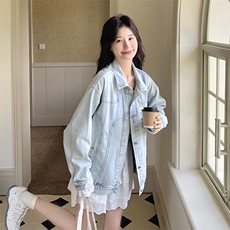 别致高级感2025超火减龄牛仔外套女慵懒风蕾丝拼接小个子气质夹克，女装短外套，2D078
