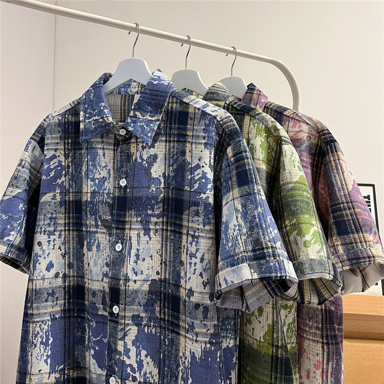 抖音夏装男士泼墨扎染时尚格子短袖衬衫休闲衬衣CS800-特P35，男装衬衫，电商A006