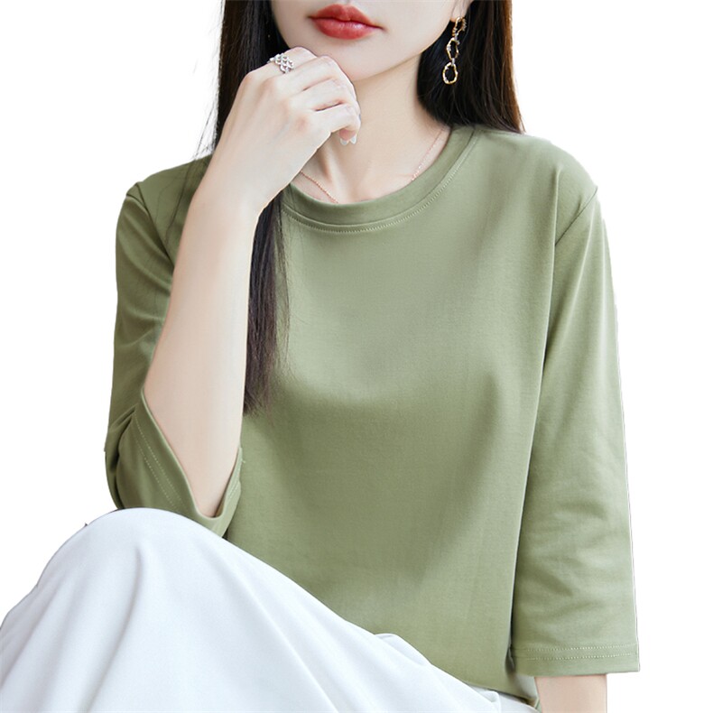 夏季新款七分袖女圆领纯棉t恤宽松百搭薄款内搭半袖打底衫上衣,女装T恤,羊秋羊绒