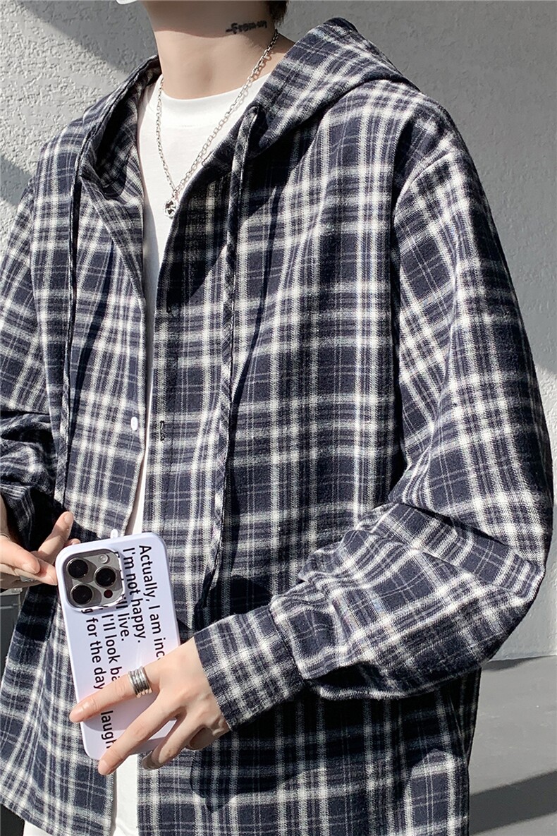 连帽格子衬衫男春季宽松大码慵懒风复古潮牌格纹休闲外套CS29011,男装衬衫,电商B312