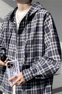 连帽格子衬衫男春季宽松大码慵懒风复古潮牌格纹休闲外套CS29011图片