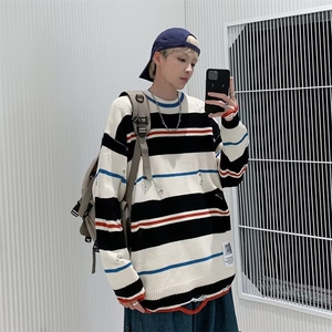 潮牌小众破洞设计感条纹毛衣男慵懒风宽松针织Z857-P40图片
