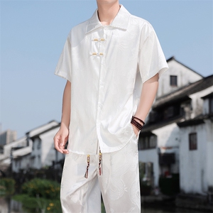 夏季冰丝风男士套装龙纹提花衬衫两件套A266-1-TZ250185-P70图片