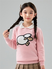 秋冬新款儿童100%羊毛Polo领针织衫女童加厚保暖小羊提花羊绒衫，童装儿童羊毛衫，初丹羊绒童装