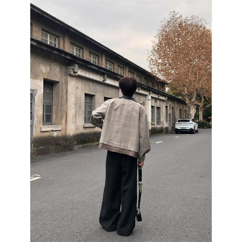 cleanfit哈灵顿夹克男春秋千鸟格外套设计感皮领上衣LB9822-P73,男装夹克,星座1008