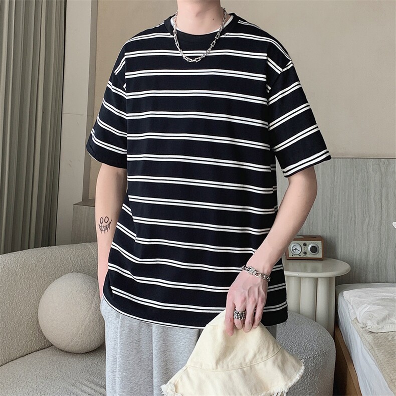 夏季韩版潮流百搭休闲宽松短袖日系复古圆领条纹T恤男T1484-P28,男装T恤,星座512-2