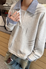 猫爪布假两件条纹拉链衬衫领休闲春款卫衣高街休闲学院卫衣特P55，男装衬衫，电商B319