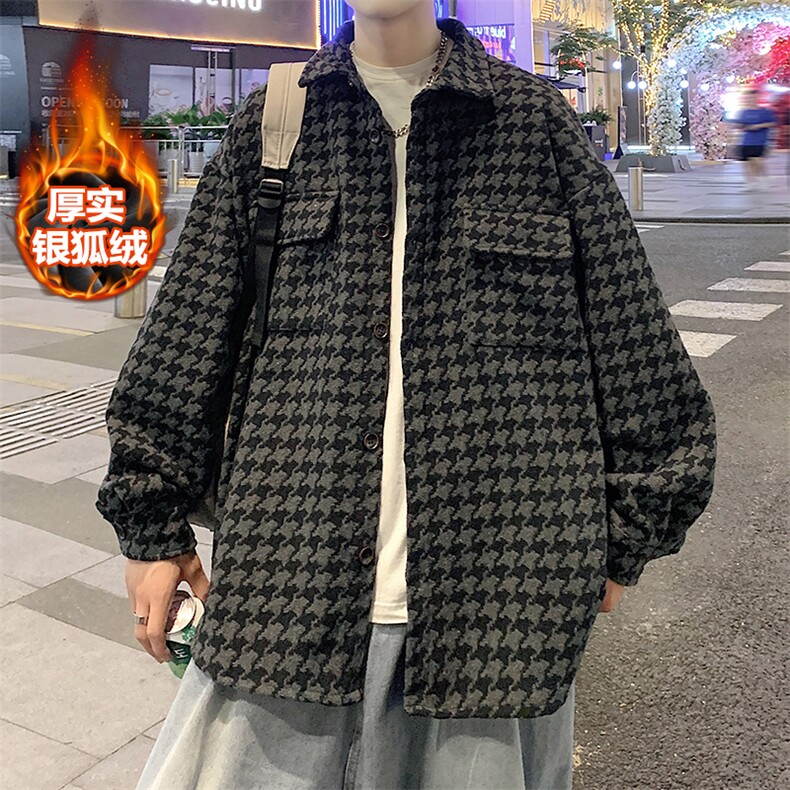 新款时尚衬衫夹克男潮千鸟格翻领毛呢外套J25861J加绒-P80控118图片