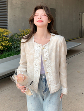 高级感小香风蕾丝花边短外套女春季款上新洋气国风圆领单排扣上衣，女装短外套，浙宝208A