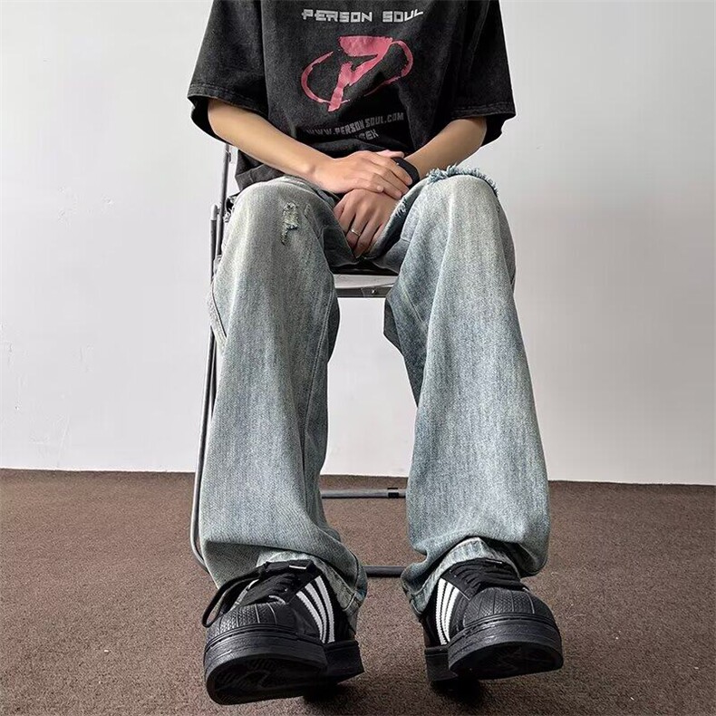 耐磨中腰常规青少年拉链牛仔布薄款复古水洗直筒宽松高街长裤日常,男装牛仔裤,星座506A