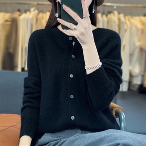 25新款100%纯羊毛开衫女POLO领针织羊绒衫外套宽松纯色长袖打底衫图片
