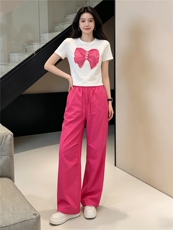 简约个性休闲时尚套装女夏新款圆领刺绣蝴蝶结短袖上袖长裤两件套，女装套装/套裙，江南