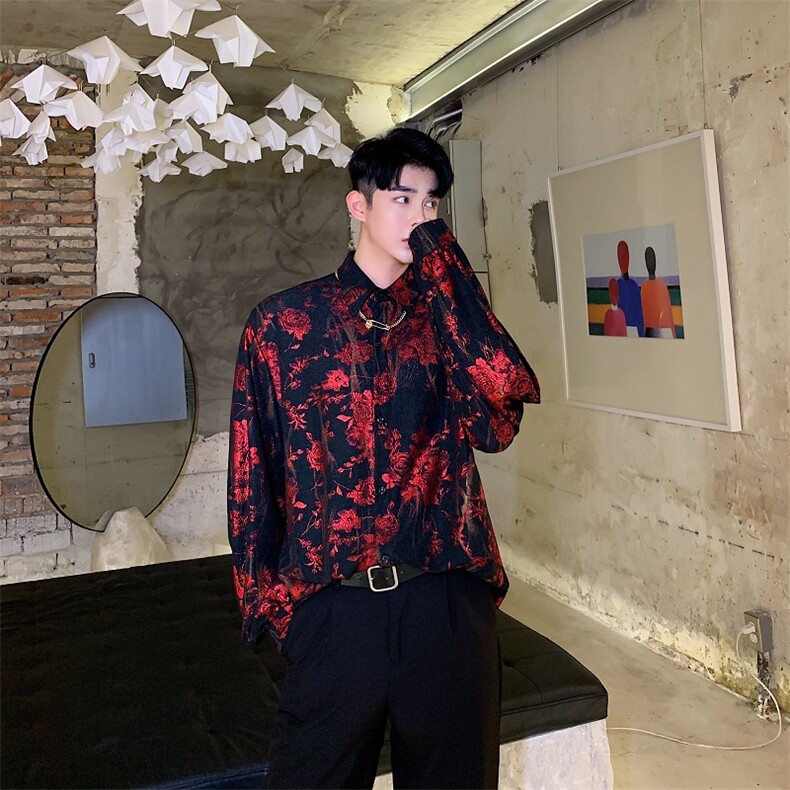 春秋网红复古洋气长袖衬衫男小众烫金印花潮流痞帅衬衣1156-P75,男装衬衫,电商A345