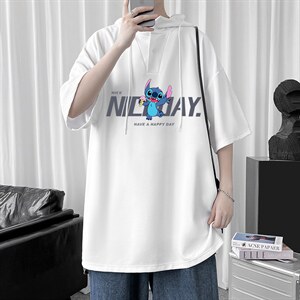 LD54173-P45 连帽短袖t恤男大码胖子带帽五分袖中袖图片