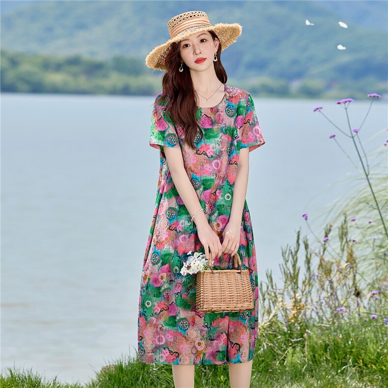 时尚印花圆领棉麻连衣裙女2026夏薄款舒适小个子休闲宽松显瘦裙子,女装连衣裙,倪叶myz