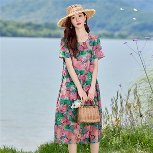 时尚印花圆领棉麻连衣裙女2026夏薄款舒适小个子休闲宽松显瘦裙子图片