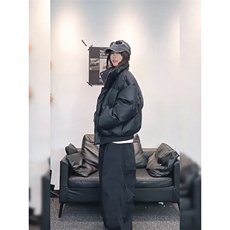 现货5W件冬季三防重磅硬挺boxy短款羽绒立领PU皮棉衣外套加厚棉服，男装棉衣，电商A486-1
