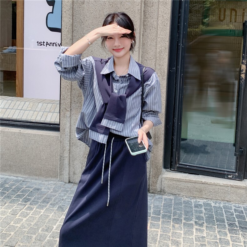 韩系早秋穿搭上衣半身裙套装女2025新款松弛感披肩条纹衬衫三件套,女装套装/套裙,慧尚依恋