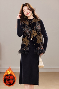 冬季新款重工小立领新中式立体花卉刺绣加棉真毛马甲两件套裙女图片