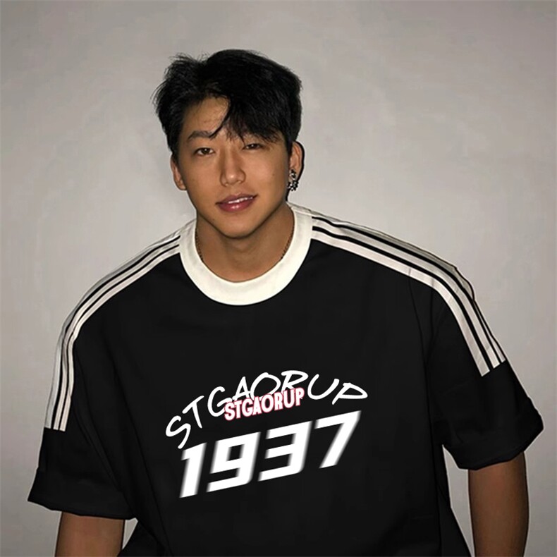 夏季美式高街重磅纯棉三条杠织带撞色男女短袖T恤ZD310-特P30,男装T恤,电商A486
