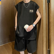 直播美式麂皮绒宽松背心无袖t恤短裤大码两件套套装TZ30-P58，男装T恤，电商A486