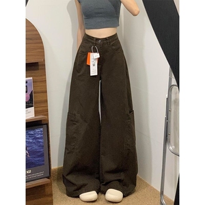 小个子复古美拉德咖色阔腿工装牛仔裤女新款辣妹高腰宽松直筒长裤图片