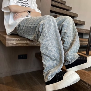 提花牛仔裤男夏季薄款痞帅炸街裤子直筒微喇裤 NA022图片