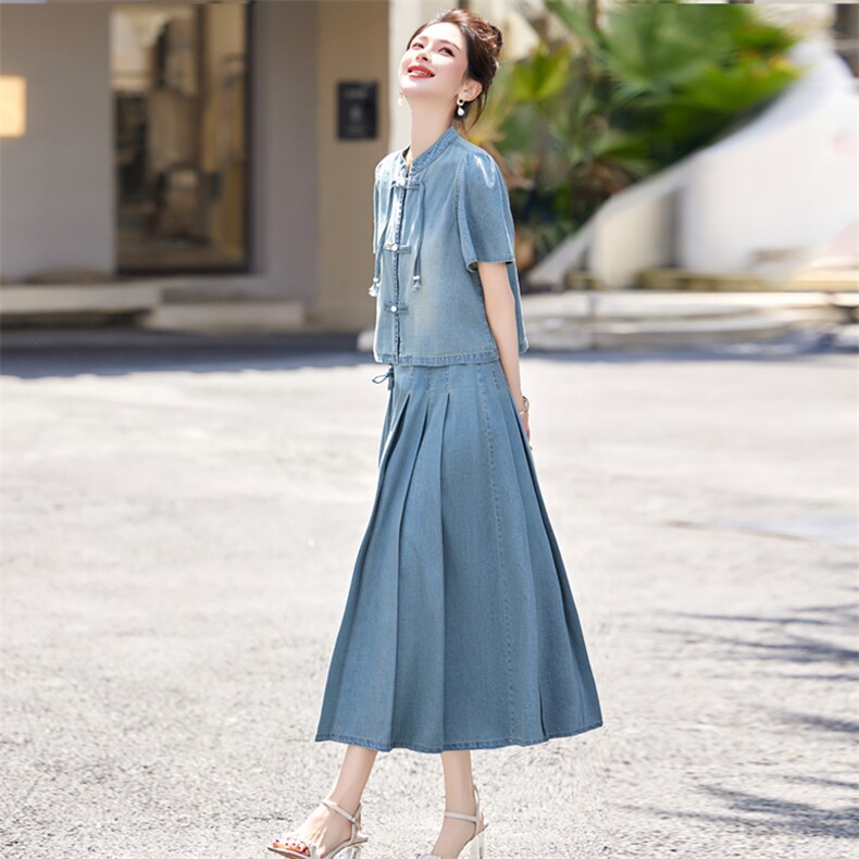 新中式国风牛仔套装裙女2025年夏季新款复古盘扣半身裙时尚两件套，女装套装/套裙，欣品汇