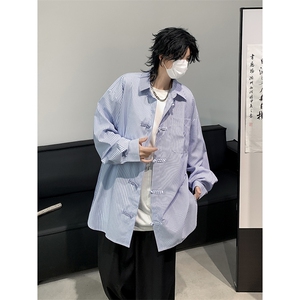 新中式衬衫男士长袖条纹拼色韩版潮流2024秋季新款外套CY978-P38图片
