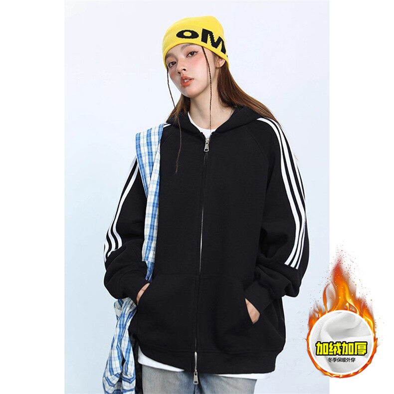 480G重磅加绒硬挺boxy男女秋冬美式高街结构三条杠卫衣开衫厚外套，女装短外套，电商A486-1