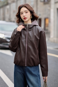 加绒皮衣外套女连帽格子拼接上衣2025冬季新款加厚毛皮夹克机车服图片