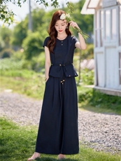 藏青色高级感时尚套装女2025夏季新款慵懒松弛感气质阔腿裤两件套，女装套装/套裙，欣品汇